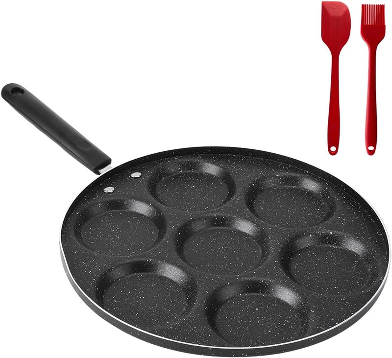 Kytree 7 Holes Egg Frying Pan Skillet, 12" Nonstick Egg Pan Aluminum Omelet Maker with Spatula & Brush for Breakfast, Pancake, Hamburger, Sandwiches, Crepe - Image 1